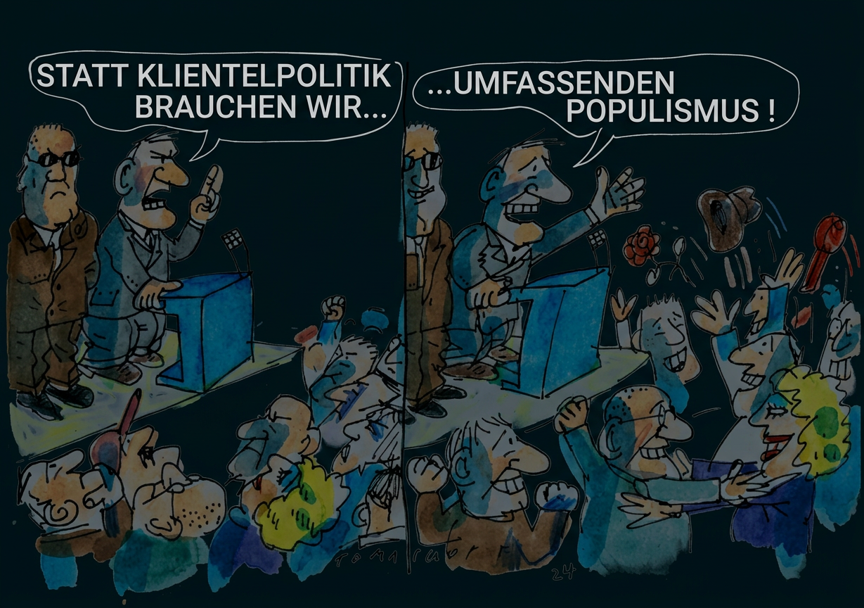 Karikatur: Ein Redner fordert statt Klientelpolitik umfassenden Populismus und wird vom Publikum bejubelt.